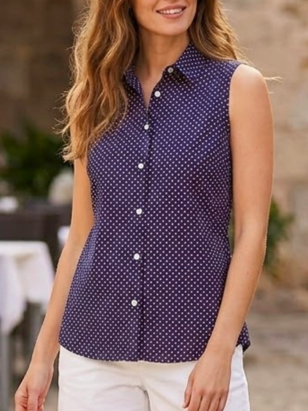 Lands’ End Navy Pink Polka Dot Supima Cotton Sleeveless Shirt, 2 / XS